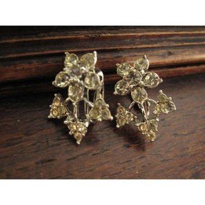 Vintage Flower Rhinestone Clip-on Earrings, Estate